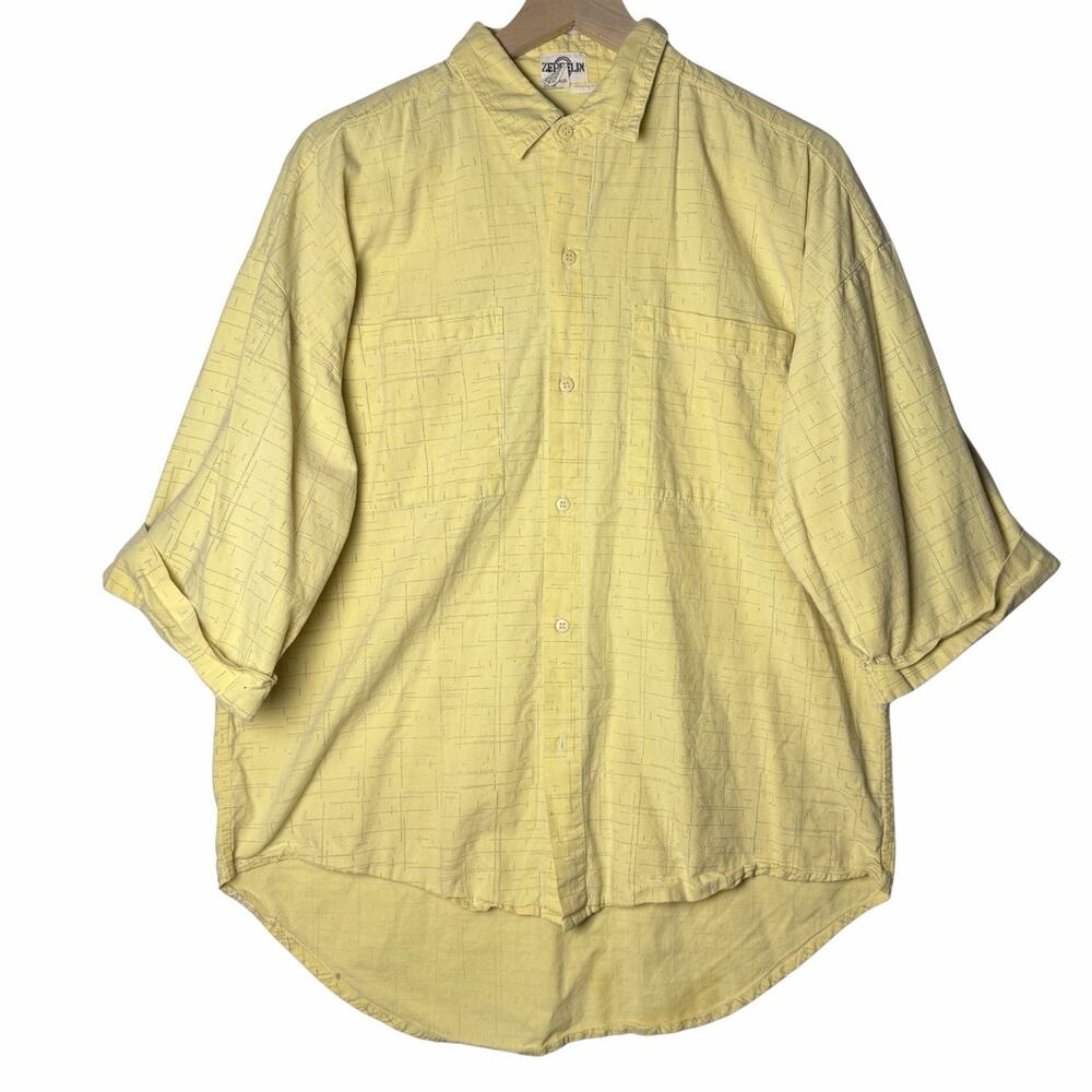 Vintage Zeppelin Button-Up Shirt Yellow Pattern 100% Cotton Men's Size L